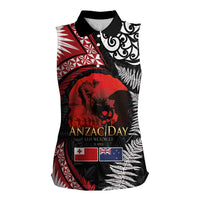 Tonga and New Zealand ANZAC Day Women Sleeveless Polo Shirt Gallipoli Lest We Forget Ngatu Art Tribal and Maori Tattoo with Fern LT03 Female Black - Polynesian Pride