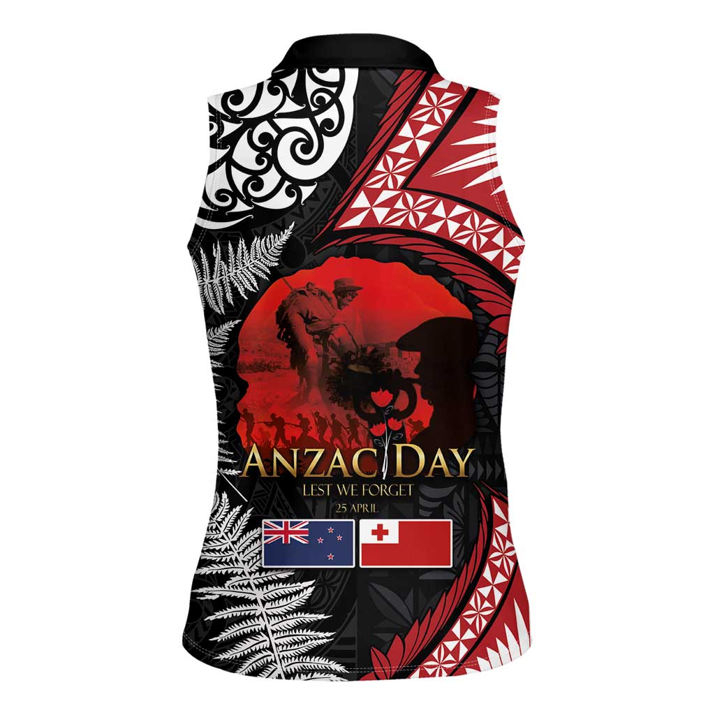 Tonga and New Zealand ANZAC Day Women Sleeveless Polo Shirt Gallipoli Lest We Forget Ngatu Art Tribal and Maori Tattoo with Fern LT03 - Polynesian Pride