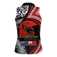Tonga and New Zealand ANZAC Day Women Sleeveless Polo Shirt Gallipoli Lest We Forget Ngatu Art Tribal and Maori Tattoo with Fern LT03 - Polynesian Pride
