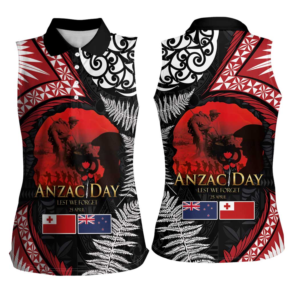 Tonga and New Zealand ANZAC Day Women Sleeveless Polo Shirt Gallipoli Lest We Forget Ngatu Art Tribal and Maori Tattoo with Fern LT03 - Polynesian Pride