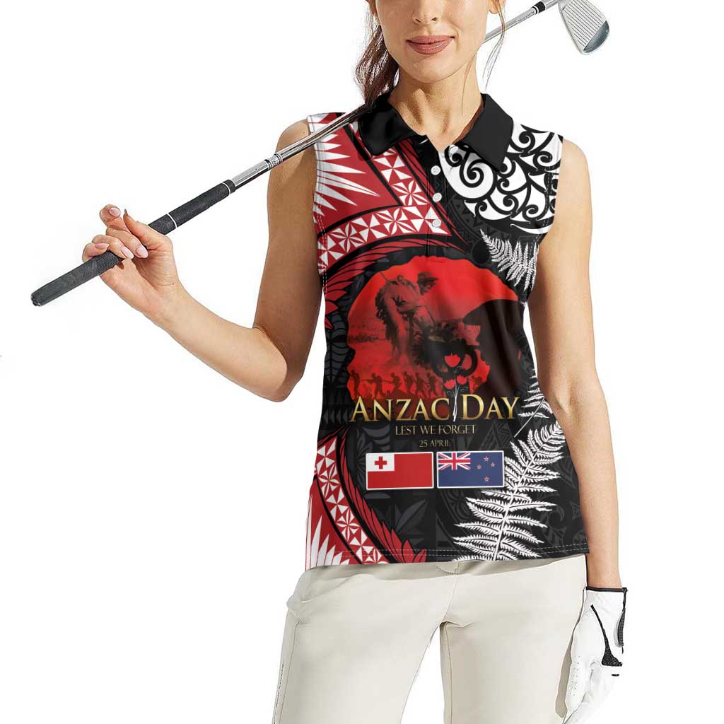 Tonga and New Zealand ANZAC Day Women Sleeveless Polo Shirt Gallipoli Lest We Forget Ngatu Art Tribal and Maori Tattoo with Fern LT03 - Polynesian Pride