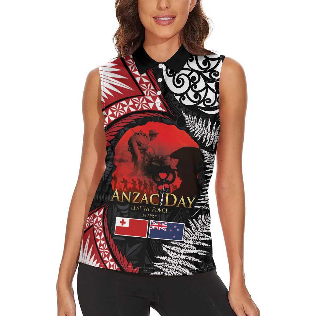 Tonga and New Zealand ANZAC Day Women Sleeveless Polo Shirt Gallipoli Lest We Forget Ngatu Art Tribal and Maori Tattoo with Fern LT03 - Polynesian Pride