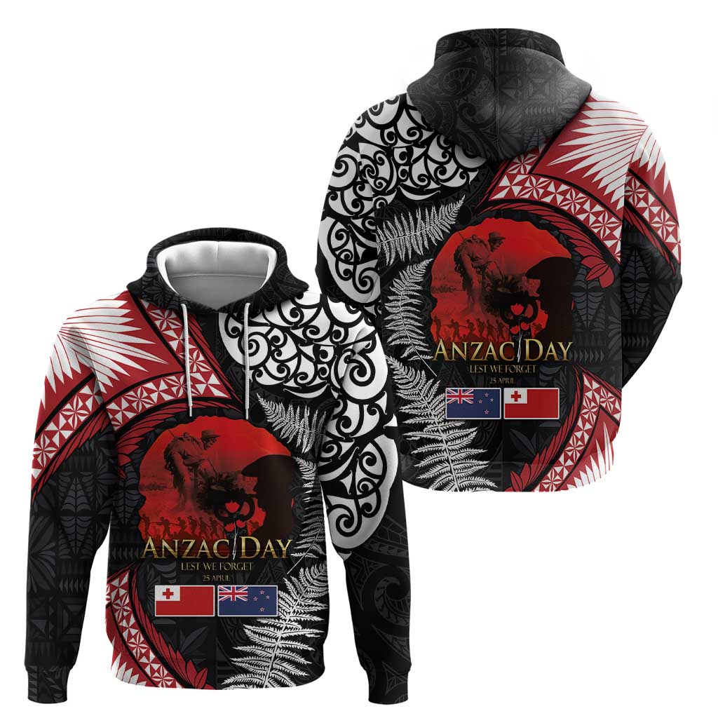 Tonga and New Zealand ANZAC Day Zip Hoodie Gallipoli Lest We Forget Ngatu Art Tribal and Maori Tattoo with Fern LT03 - Polynesian Pride
