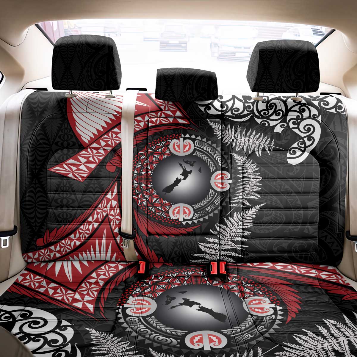 Tonga and New Zealand Together Back Car Seat Cover Ngatu Art Tribal Maori Tattoo and Silver Fern LT03 - Polynesian Pride