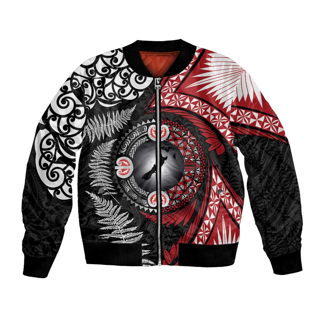 Tonga and New Zealand Together Bomber Jacket Ngatu Art Tribal Maori Tattoo and Silver Fern LT03 Unisex Black - Polynesian Pride