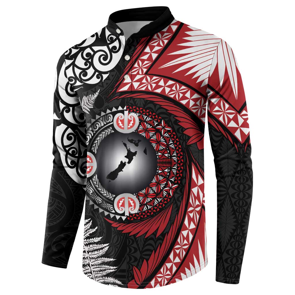 Tonga and New Zealand Together Button Sweatshirt Ngatu Art Tribal Maori Tattoo and Silver Fern LT03 - Polynesian Pride