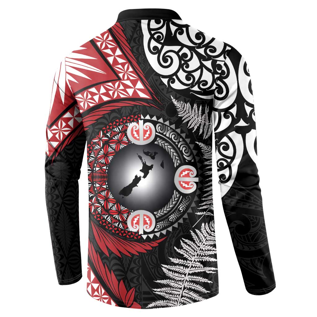 Tonga and New Zealand Together Button Sweatshirt Ngatu Art Tribal Maori Tattoo and Silver Fern LT03 - Polynesian Pride