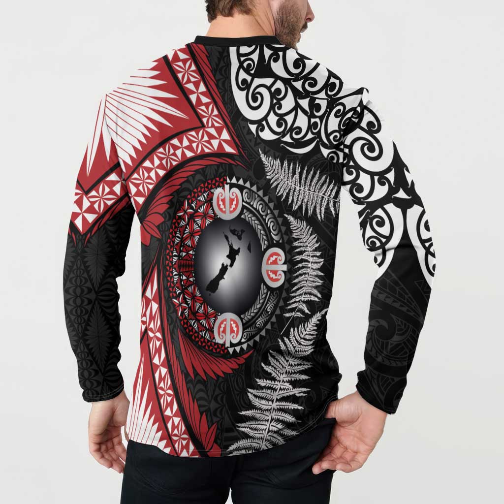 Tonga and New Zealand Together Button Sweatshirt Ngatu Art Tribal Maori Tattoo and Silver Fern LT03 - Polynesian Pride