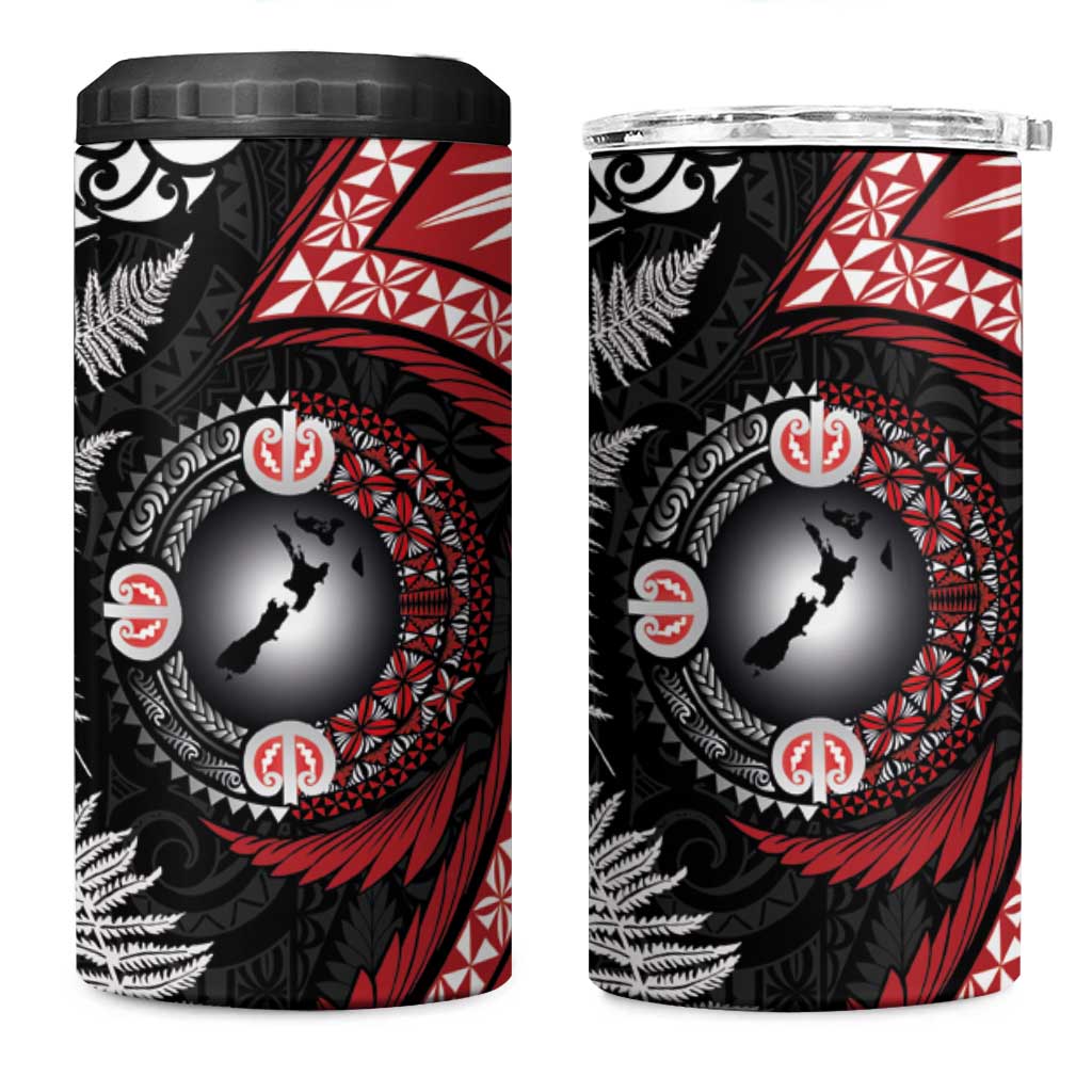 Tonga and New Zealand Together 4 in 1 Can Cooler Tumbler Ngatu Art Tribal-Maori Tattoo and Silver Fern LT03 One Size: 16 oz Black - Polynesian Pride