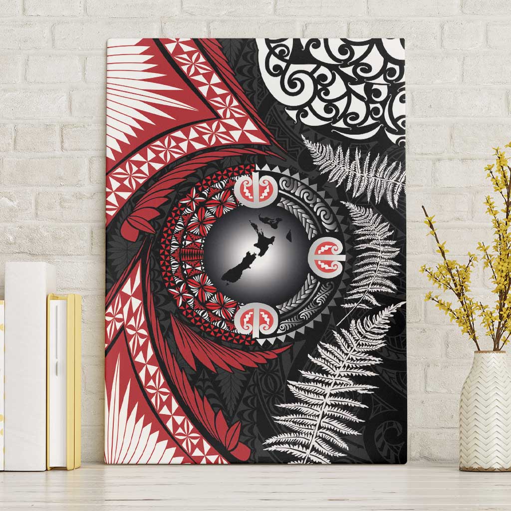 Tonga and New Zealand Together Canvas Wall Art Ngatu Art Tribal Maori Tattoo and Silver Fern LT03 Without Frame Black - Polynesian Pride