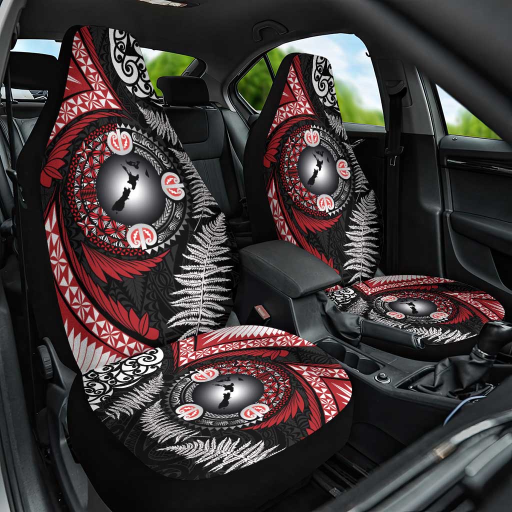 Tonga and New Zealand Together Car Seat Cover Ngatu Art Tribal Maori Tattoo and Silver Fern LT03 One Size Black - Polynesian Pride