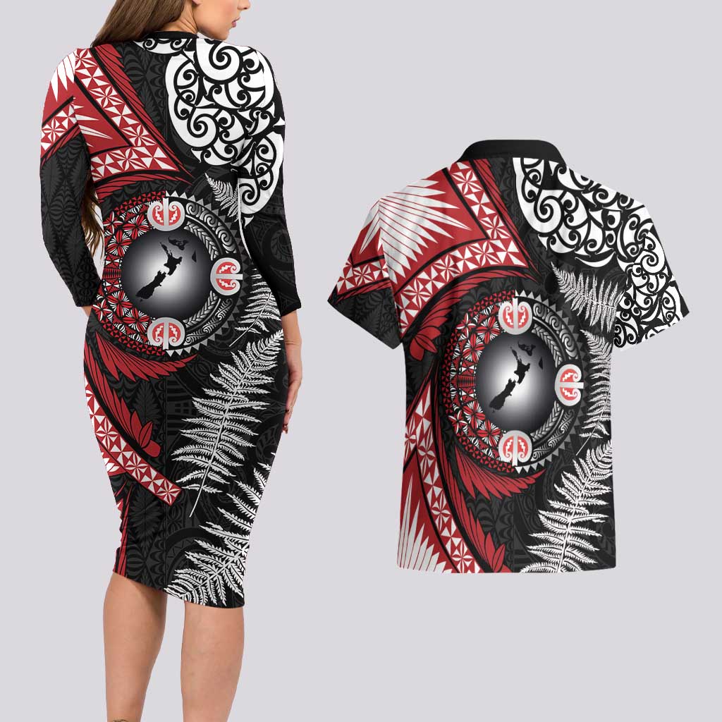Tonga and New Zealand Together Couples Matching Long Sleeve Bodycon Dress and Hawaiian Shirt Ngatu Art Tribal Maori Tattoo and Silver Fern LT03 - Polynesian Pride