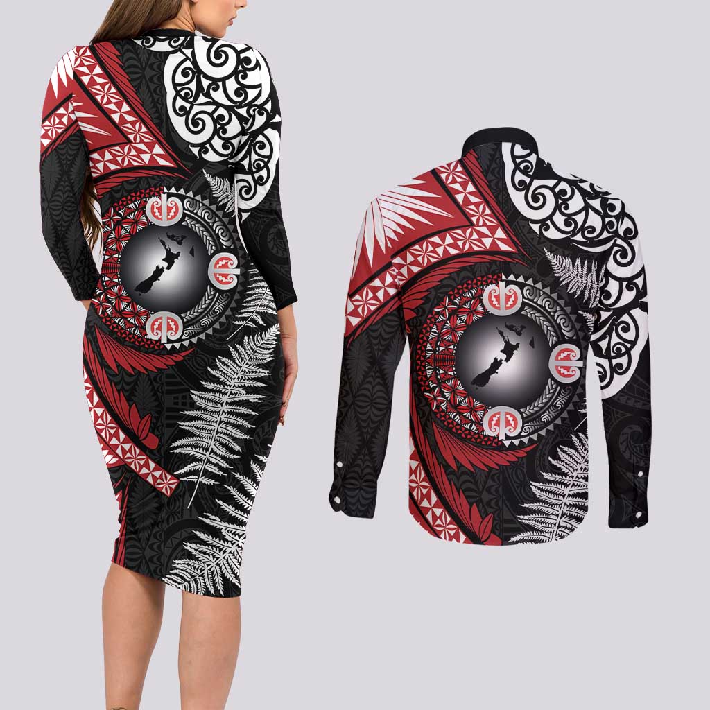 Tonga and New Zealand Together Couples Matching Long Sleeve Bodycon Dress and Long Sleeve Button Shirt Ngatu Art Tribal Maori Tattoo and Silver Fern LT03 - Polynesian Pride