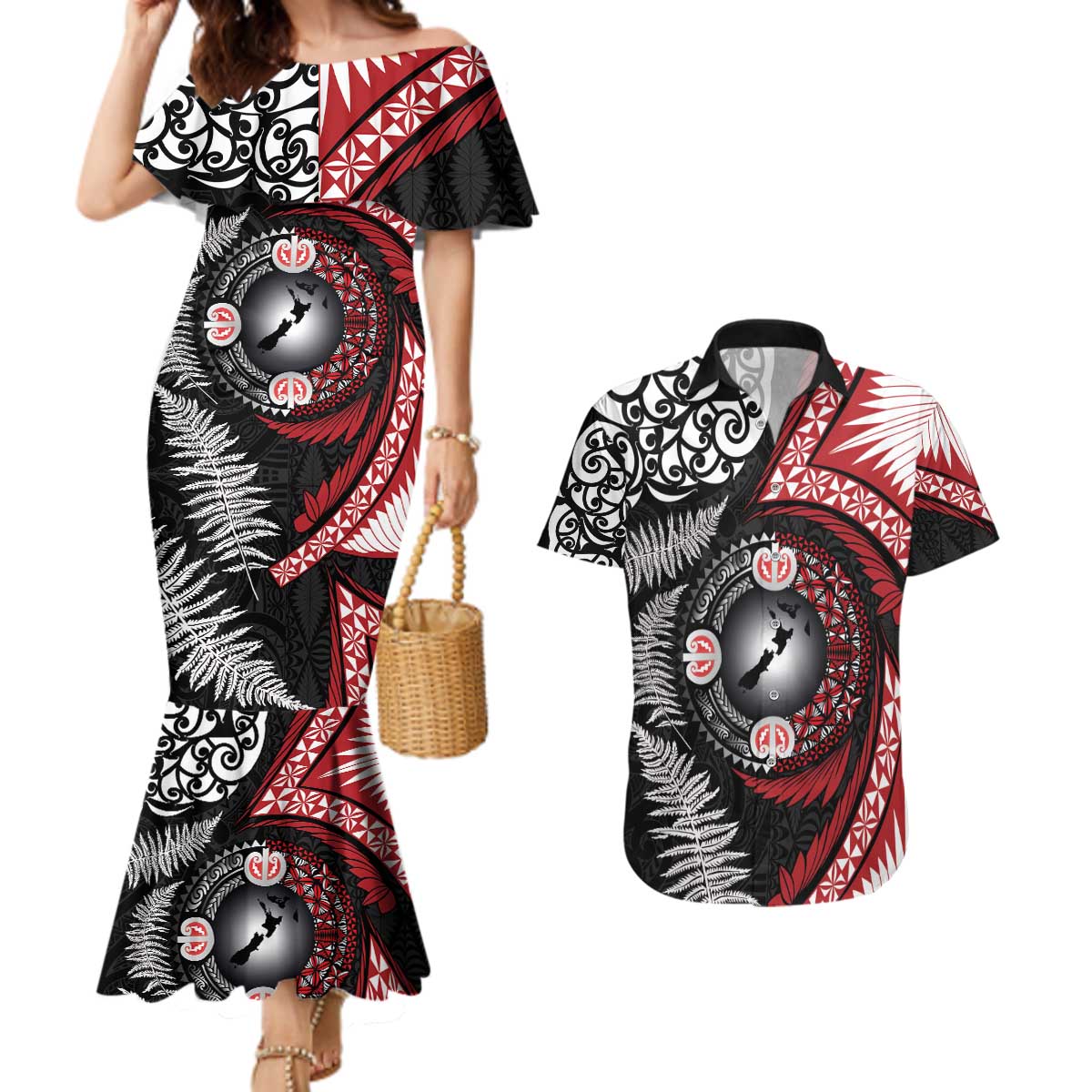 Tonga and New Zealand Together Couples Matching Mermaid Dress and Hawaiian Shirt Ngatu Art Tribal Maori Tattoo and Silver Fern LT03 Black - Polynesian Pride