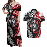 Tonga and New Zealand Together Couples Matching Off Shoulder Maxi Dress and Hawaiian Shirt Ngatu Art Tribal Maori Tattoo and Silver Fern LT03 Black - Polynesian Pride