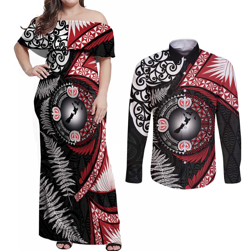 Tonga and New Zealand Together Couples Matching Off Shoulder Maxi Dress and Long Sleeve Button Shirt Ngatu Art Tribal Maori Tattoo and Silver Fern LT03 Black - Polynesian Pride