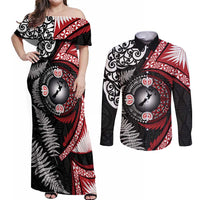 Tonga and New Zealand Together Couples Matching Off Shoulder Maxi Dress and Long Sleeve Button Shirt Ngatu Art Tribal Maori Tattoo and Silver Fern LT03 Black - Polynesian Pride