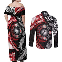 Tonga and New Zealand Together Couples Matching Off Shoulder Maxi Dress and Long Sleeve Button Shirt Ngatu Art Tribal Maori Tattoo and Silver Fern LT03 - Polynesian Pride