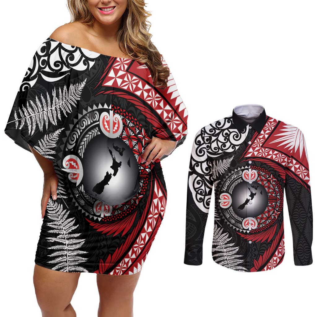 Tonga and New Zealand Together Couples Matching Off Shoulder Short Dress and Long Sleeve Button Shirt Ngatu Art Tribal Maori Tattoo and Silver Fern LT03 Black - Polynesian Pride