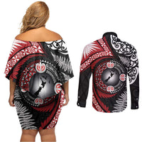 Tonga and New Zealand Together Couples Matching Off Shoulder Short Dress and Long Sleeve Button Shirt Ngatu Art Tribal Maori Tattoo and Silver Fern LT03 - Polynesian Pride