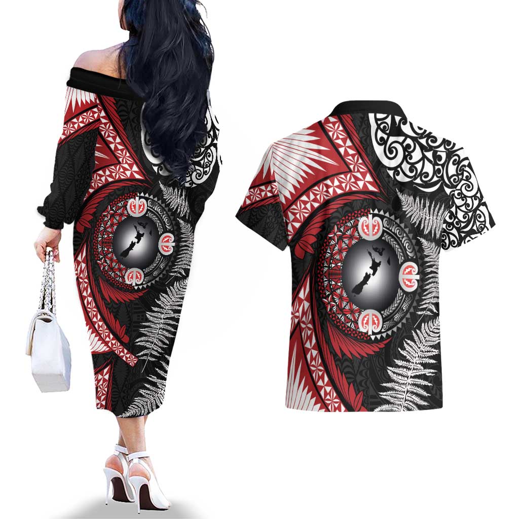 Tonga and New Zealand Together Couples Matching Off The Shoulder Long Sleeve Dress and Hawaiian Shirt Ngatu Art Tribal Maori Tattoo and Silver Fern LT03 - Polynesian Pride