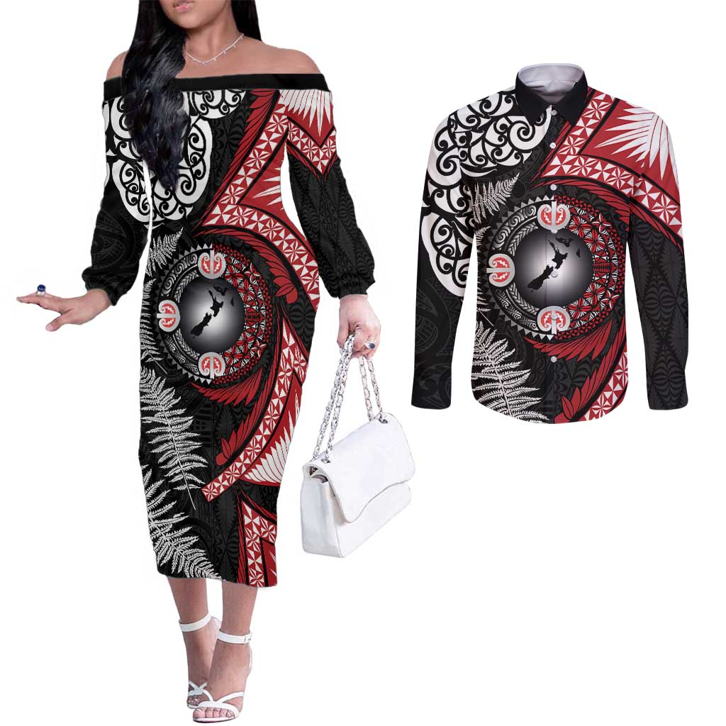 Tonga and New Zealand Together Couples Matching Off The Shoulder Long Sleeve Dress and Long Sleeve Button Shirt Ngatu Art Tribal Maori Tattoo and Silver Fern LT03 Black - Polynesian Pride