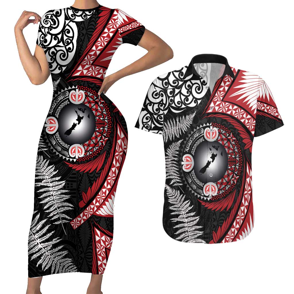 Tonga and New Zealand Together Couples Matching Short Sleeve Bodycon Dress and Hawaiian Shirt Ngatu Art Tribal Maori Tattoo and Silver Fern LT03 Black - Polynesian Pride