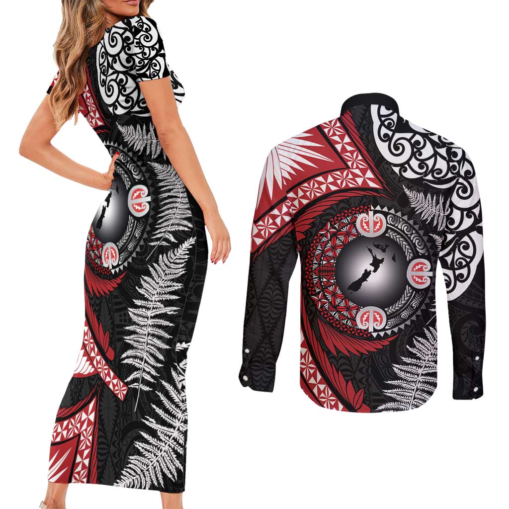 Tonga and New Zealand Together Couples Matching Short Sleeve Bodycon Dress and Long Sleeve Button Shirt Ngatu Art Tribal Maori Tattoo and Silver Fern LT03 - Polynesian Pride