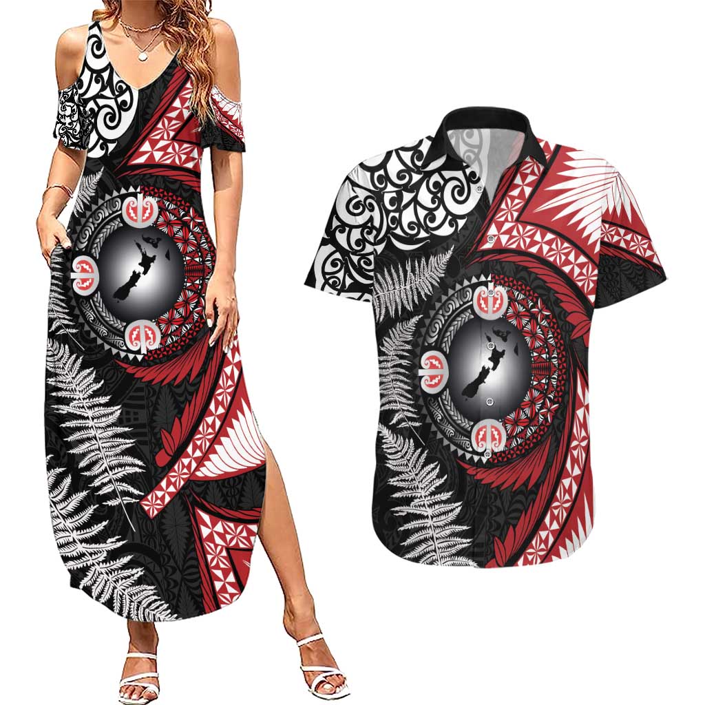 Tonga and New Zealand Together Couples Matching Summer Maxi Dress and Hawaiian Shirt Ngatu Art Tribal Maori Tattoo and Silver Fern LT03 Black - Polynesian Pride