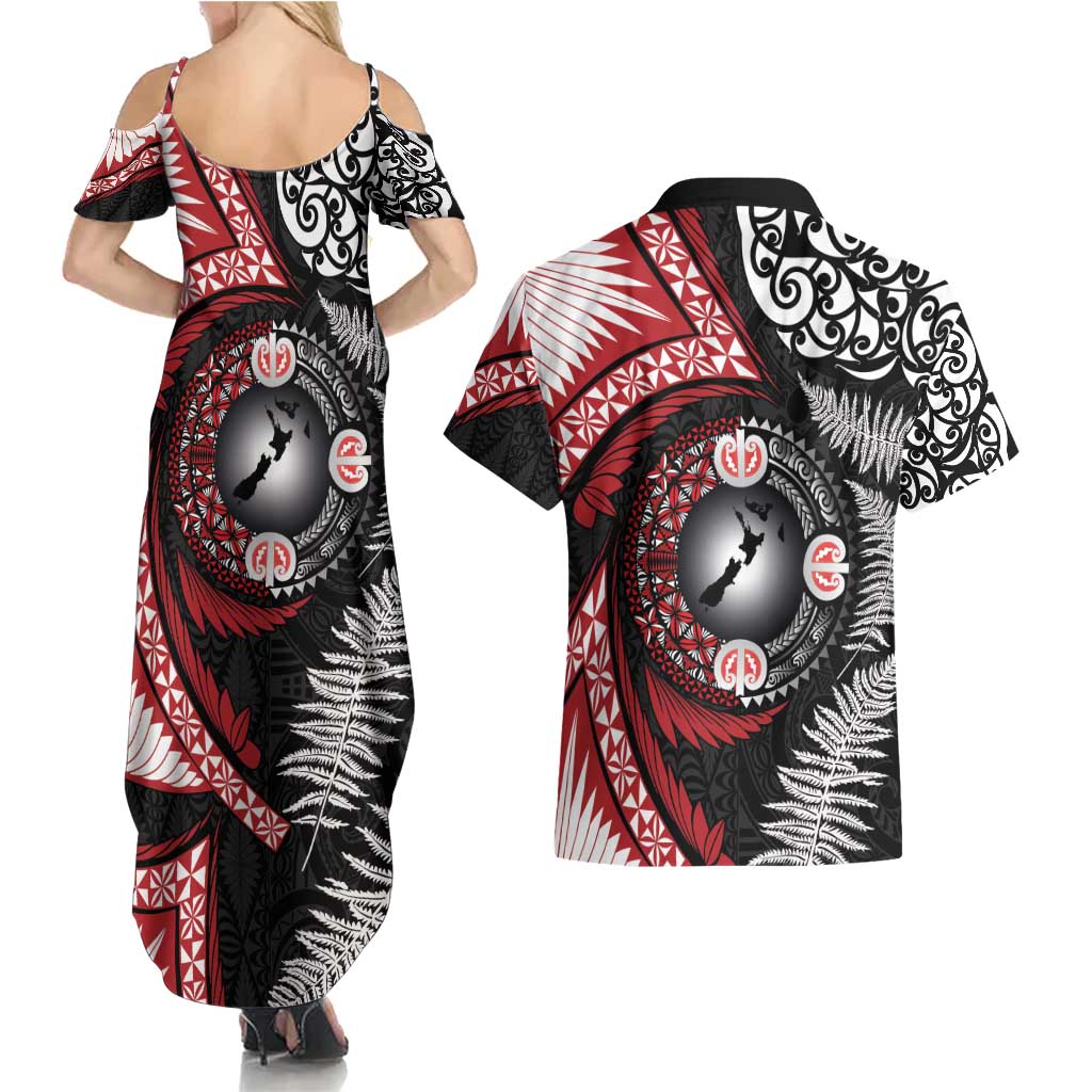 Tonga and New Zealand Together Couples Matching Summer Maxi Dress and Hawaiian Shirt Ngatu Art Tribal Maori Tattoo and Silver Fern LT03 - Polynesian Pride
