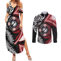 Tonga and New Zealand Together Couples Matching Summer Maxi Dress and Long Sleeve Button Shirt Ngatu Art Tribal Maori Tattoo and Silver Fern LT03 Black - Polynesian Pride