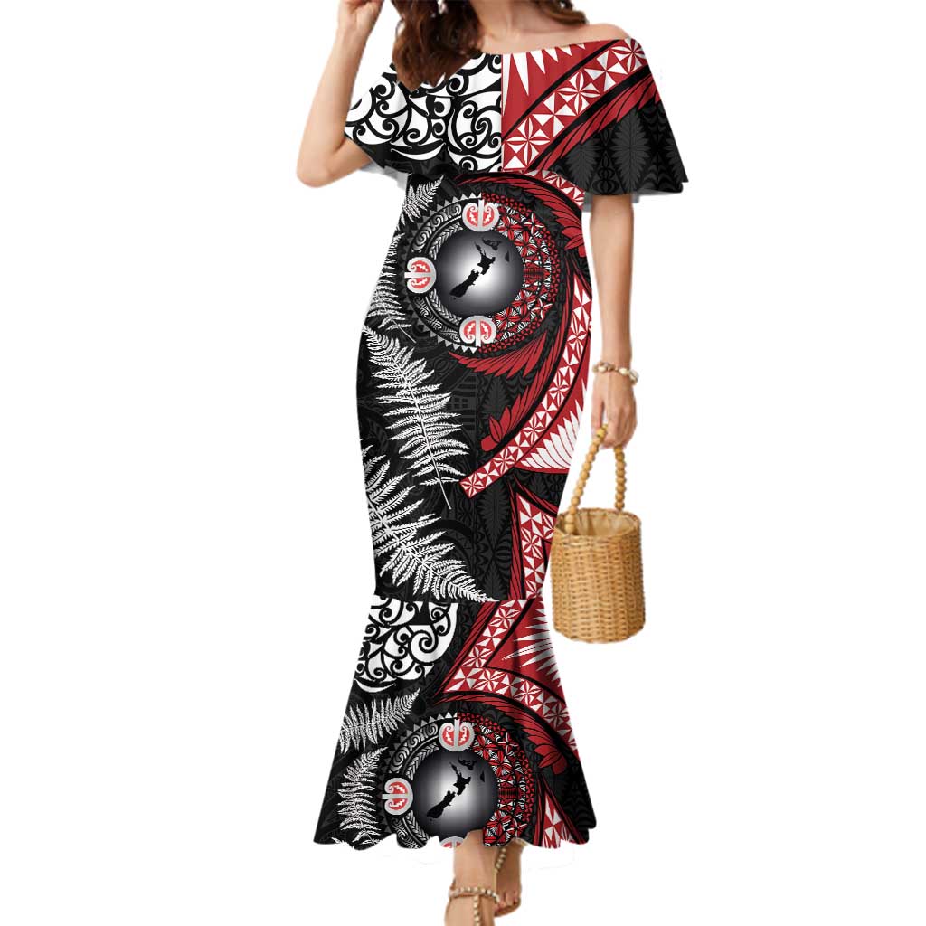Tonga and New Zealand Together Family Matching Mermaid Dress and Hawaiian Shirt Ngatu Art Tribal Maori Tattoo and Silver Fern LT03 Mom's Dress Black - Polynesian Pride