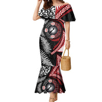 Tonga and New Zealand Together Family Matching Mermaid Dress and Hawaiian Shirt Ngatu Art Tribal Maori Tattoo and Silver Fern LT03 Mom's Dress Black - Polynesian Pride
