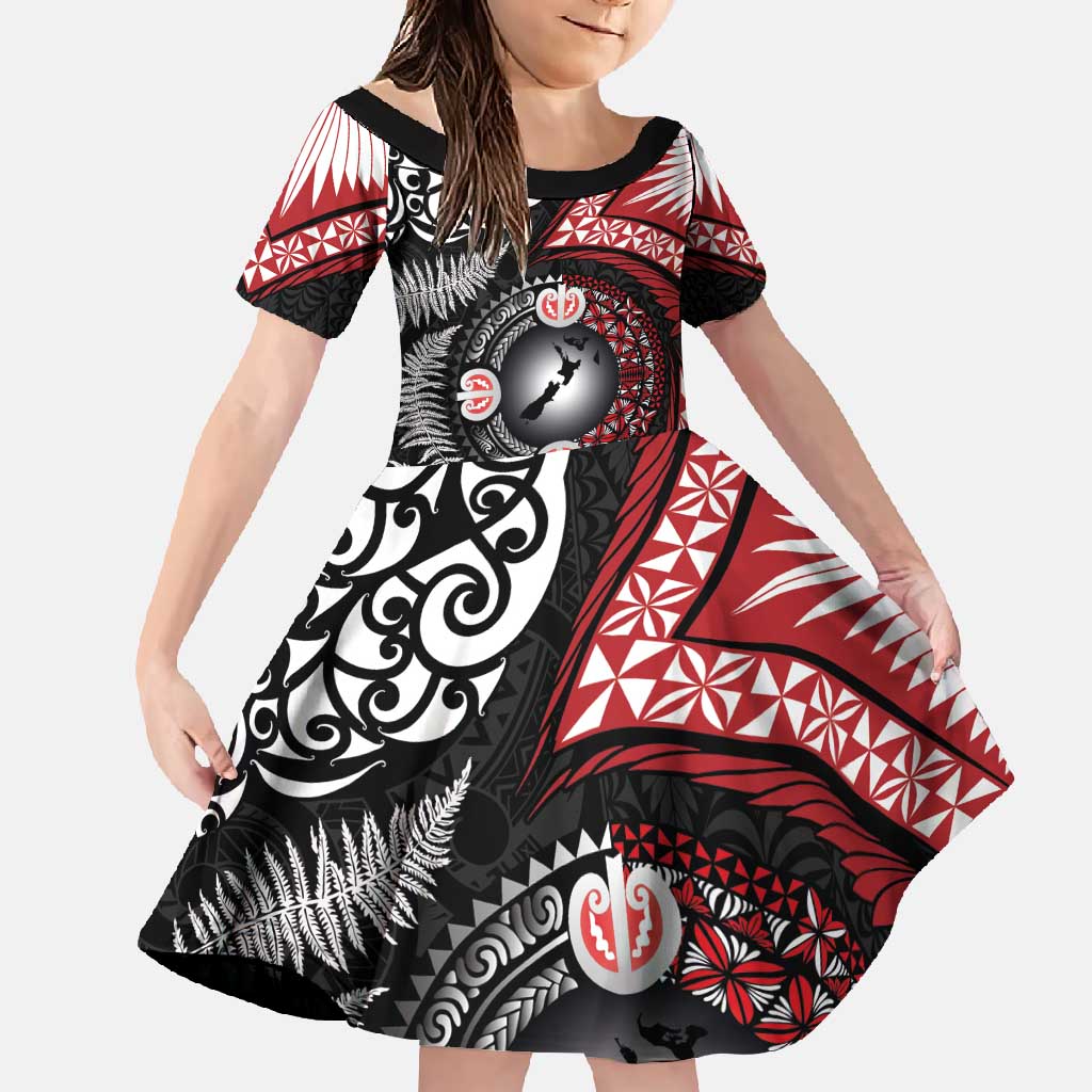 Tonga and New Zealand Together Family Matching Off Shoulder Maxi Dress and Hawaiian Shirt Ngatu Art Tribal Maori Tattoo and Silver Fern LT03 Daughter's Dress Black - Polynesian Pride