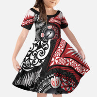 Tonga and New Zealand Together Family Matching Off Shoulder Maxi Dress and Hawaiian Shirt Ngatu Art Tribal Maori Tattoo and Silver Fern LT03 Daughter's Dress Black - Polynesian Pride