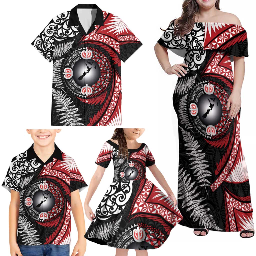 Tonga and New Zealand Together Family Matching Off Shoulder Maxi Dress and Hawaiian Shirt Ngatu Art Tribal Maori Tattoo and Silver Fern LT03 - Polynesian Pride