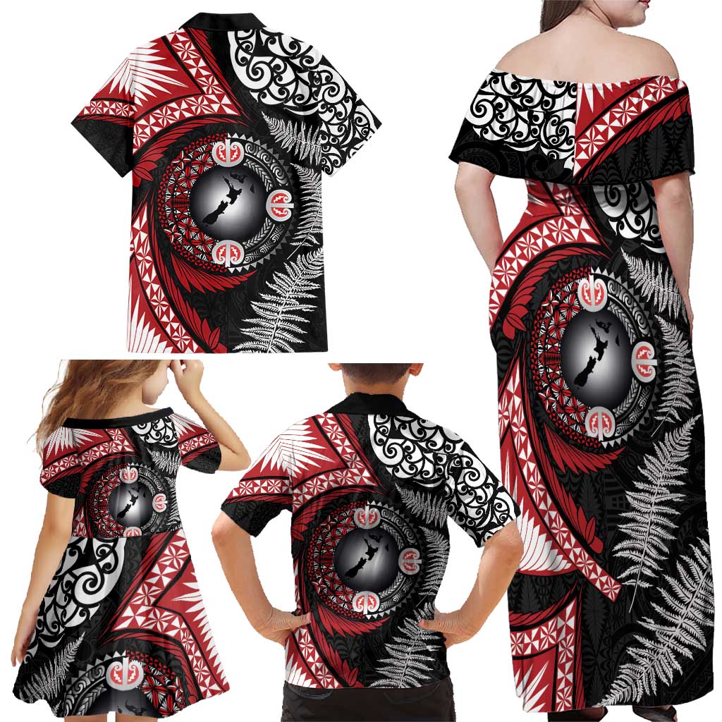 Tonga and New Zealand Together Family Matching Off Shoulder Maxi Dress and Hawaiian Shirt Ngatu Art Tribal Maori Tattoo and Silver Fern LT03 - Polynesian Pride
