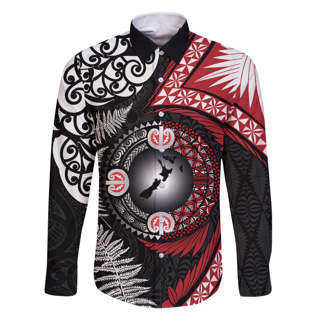 Tonga and New Zealand Together Family Matching Off Shoulder Maxi Dress and Hawaiian Shirt Ngatu Art Tribal Maori Tattoo and Silver Fern LT03 Dad's Shirt - Long Sleeve Black - Polynesian Pride