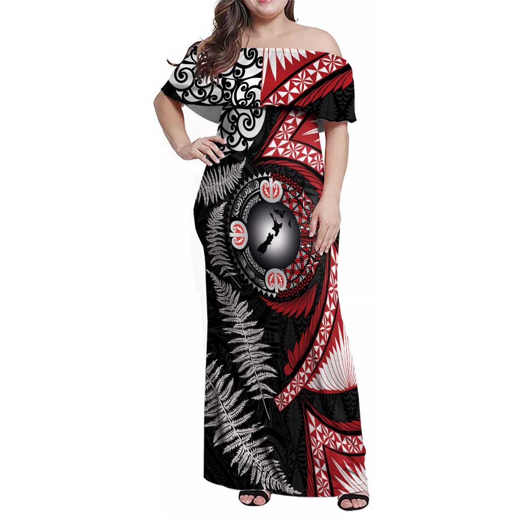 Tonga and New Zealand Together Family Matching Off Shoulder Maxi Dress and Hawaiian Shirt Ngatu Art Tribal Maori Tattoo and Silver Fern LT03 Mom's Dress Black - Polynesian Pride