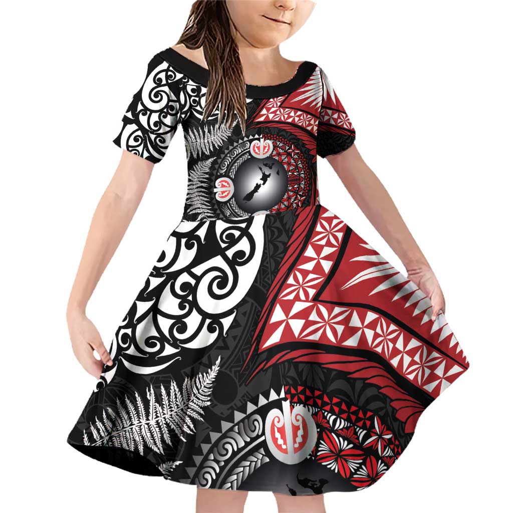 Tonga and New Zealand Together Family Matching Off Shoulder Short Dress and Hawaiian Shirt Ngatu Art Tribal Maori Tattoo and Silver Fern LT03 Daughter's Dress Black - Polynesian Pride