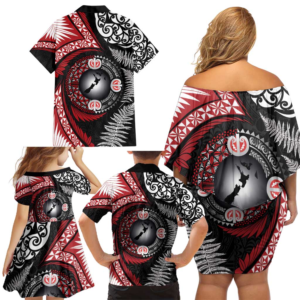Tonga and New Zealand Together Family Matching Off Shoulder Short Dress and Hawaiian Shirt Ngatu Art Tribal Maori Tattoo and Silver Fern LT03 - Polynesian Pride