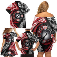 Tonga and New Zealand Together Family Matching Off Shoulder Short Dress and Hawaiian Shirt Ngatu Art Tribal Maori Tattoo and Silver Fern LT03 - Polynesian Pride
