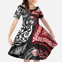 Tonga and New Zealand Together Family Matching Short Sleeve Bodycon Dress and Hawaiian Shirt Ngatu Art Tribal Maori Tattoo and Silver Fern LT03 Daughter's Dress Black - Polynesian Pride