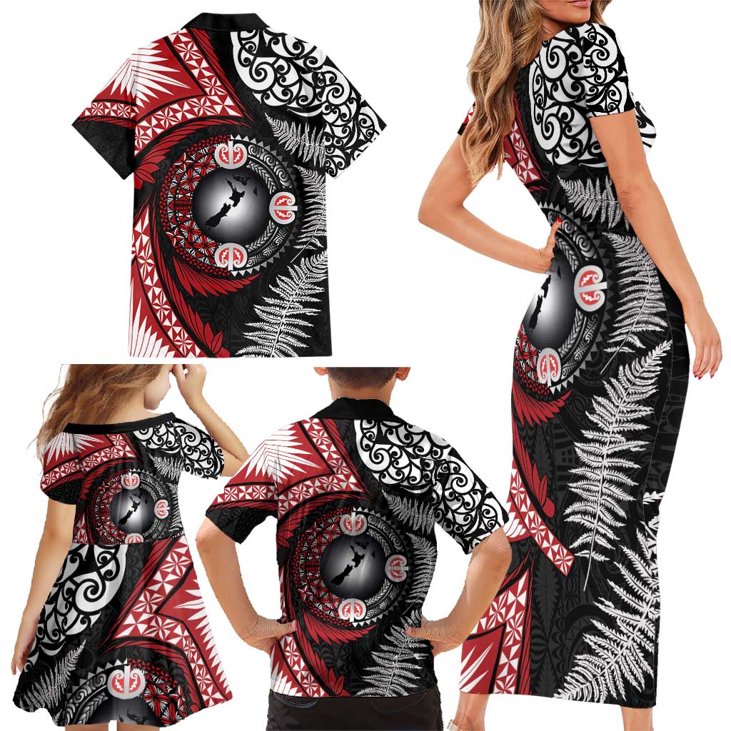 Tonga and New Zealand Together Family Matching Short Sleeve Bodycon Dress and Hawaiian Shirt Ngatu Art Tribal Maori Tattoo and Silver Fern LT03 - Polynesian Pride