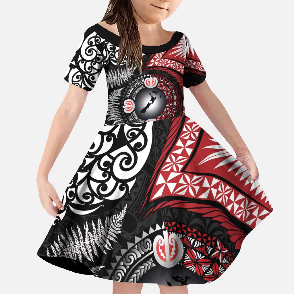 Tonga and New Zealand Together Family Matching Summer Maxi Dress and Hawaiian Shirt Ngatu Art Tribal Maori Tattoo and Silver Fern LT03 Daughter's Dress Black - Polynesian Pride