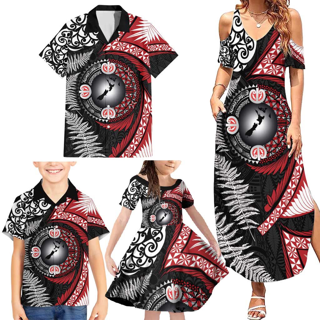 Tonga and New Zealand Together Family Matching Summer Maxi Dress and Hawaiian Shirt Ngatu Art Tribal Maori Tattoo and Silver Fern LT03 - Polynesian Pride