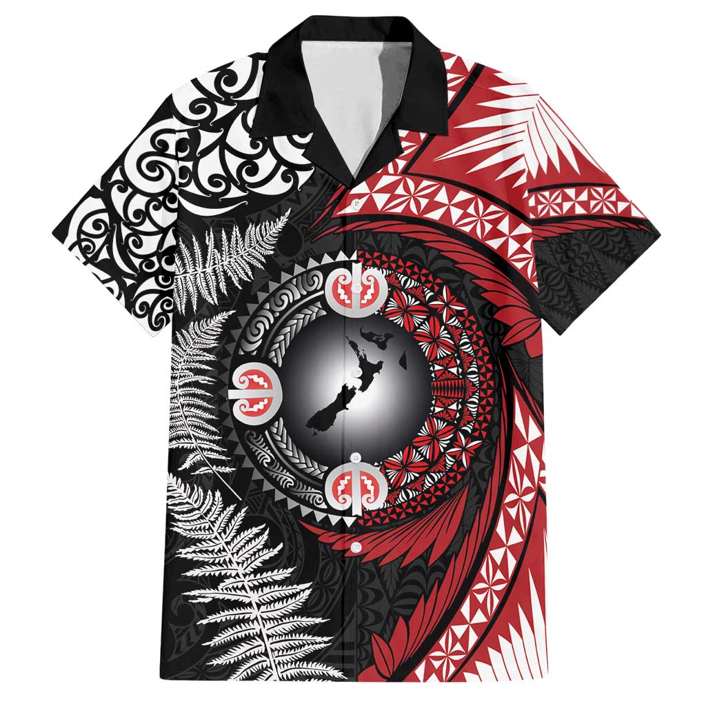 Tonga and New Zealand Together Family Matching Summer Maxi Dress and Hawaiian Shirt Ngatu Art Tribal Maori Tattoo and Silver Fern LT03 Dad's Shirt - Short Sleeve Black - Polynesian Pride