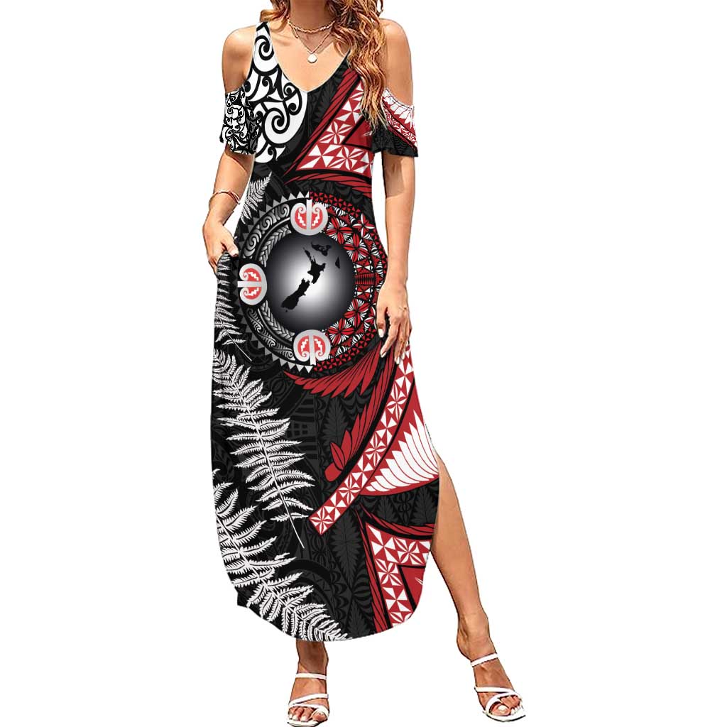 Tonga and New Zealand Together Family Matching Summer Maxi Dress and Hawaiian Shirt Ngatu Art Tribal Maori Tattoo and Silver Fern LT03 Mom's Dress Black - Polynesian Pride