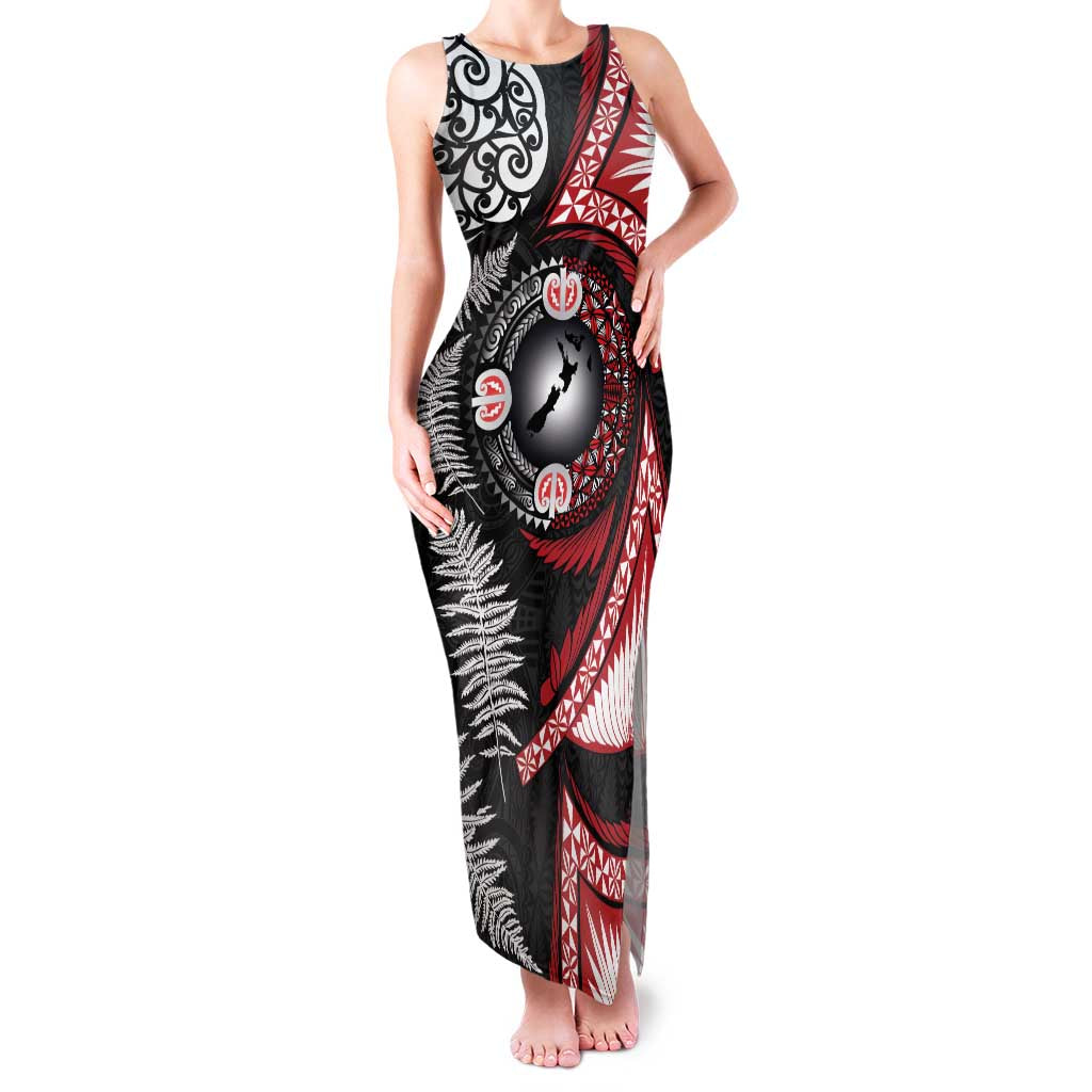 Tonga and New Zealand Together Family Matching Tank Maxi Dress and Hawaiian Shirt Ngatu Art Tribal Maori Tattoo and Silver Fern LT03 Mom's Dress Black - Polynesian Pride