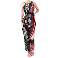 Tonga and New Zealand Together Family Matching Tank Maxi Dress and Hawaiian Shirt Ngatu Art Tribal Maori Tattoo and Silver Fern LT03 Mom's Dress Black - Polynesian Pride
